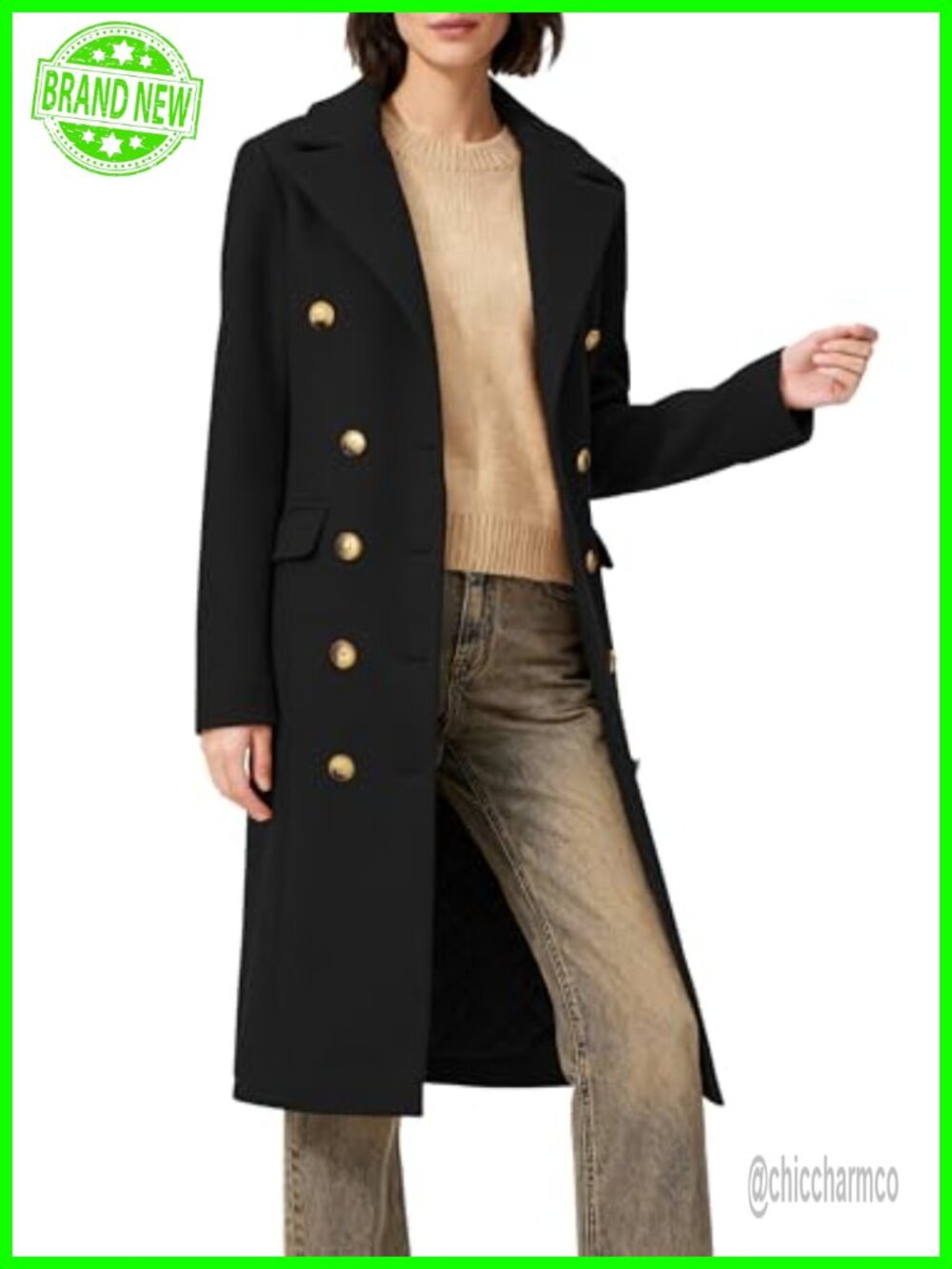 Women's Long Peacoat Double-Breasted Notch Lapel Winter Overcoat